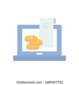 payments online concept, laptop computer with money coins and invoice icon over white background, flat style, vector illustration