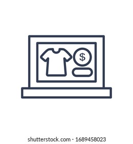 payments online concept, laptop computer with tshirt and money coin icons on screen over white background, line style, vector illustration