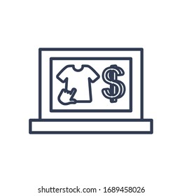 concepto de pagos en línea, ordenador portátil con símbolo de camiseta e icono de dinero sobre fondo blanco, estilo de línea, ilustración vectorial