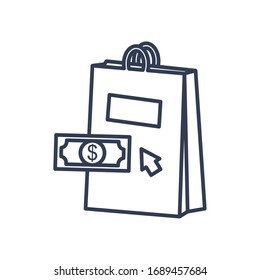 payments online concept, shopping bag and money coin icon over white background, line style, vector illustration