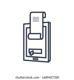 Zahlungen online Konzept, Tablette mit Rechnungssymbol auf weißem Hintergrund, Linienstil, Vektorillustration