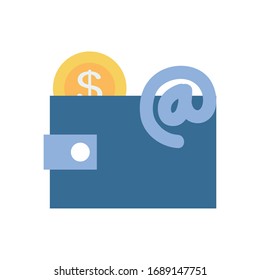 payments online concept, wallet with money coin and at symbol icon over white background, flat style, vector illustration