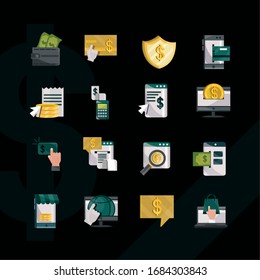 payments online, money finance commerce technology icons set vector illustration flat icon shadow