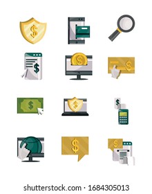 payments online, money finance commerce technology icons set vector illustration flat icon shadow