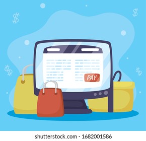 Payments online technology with desktop and shopping bags vector illustration