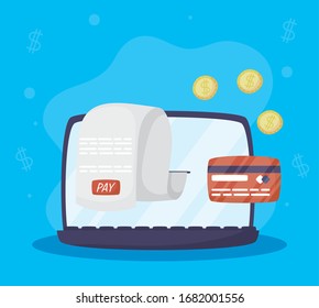 Payments online technology with laptop and credit card vector illustration design