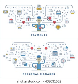 Payments. Personal manager. Web design. Social media. Flat line icons and businessman cartoon character. Business concept. Vector thin line illustration for website banner template or header