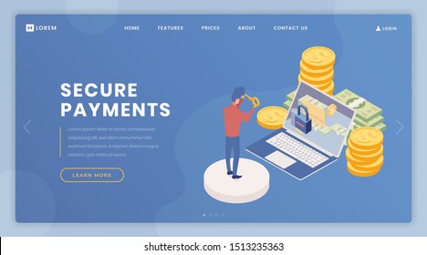 Payments security landing page vector template. Cash account access, online banking webpage, website design layout with isometric illustrations. Man entering personal password 3d character