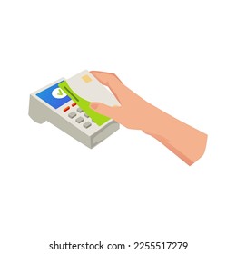 Payments using credit card with NFC protocols wireless connection, flat vector illustration isolated on white background. Credit card payment terminal symbol.