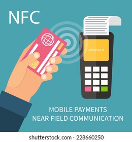 Payments Using Terminal And Debit Credit Card, Near Field Communication Technology, Online Banking. Flat Design Vector.