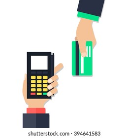 Payments using terminal and debit credit card, near field communication technology, online banking. In a flat design vector.
