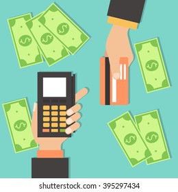 Payments using terminal and debit credit card, near field communication technology, online banking. Big money. Flat style vector.
