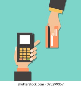 Payments using terminal and debit credit card, near field communication technology, online banking. Flat style vector.