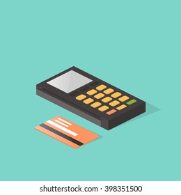 Payments using terminal and debit credit card, near field communication technology, online banking. Isometric style vector.