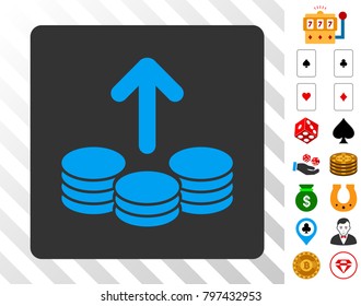 Payout blue icon inside gray rounded rectangle with bonus casino graphic icons. Vector illustration style is flat iconic symbols. Designed for casino websites.