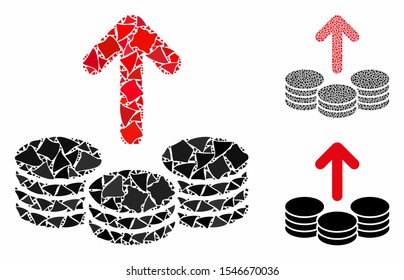 Payout coins mosaic of trembly elements in various sizes and color tints, based on payout coins icon. Vector irregular elements are composed into mosaic.