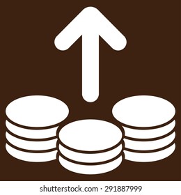 Payout icon from Commerce Set. Vector style: flat symbol, white color, rounded angles, brown background.