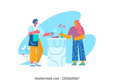 PayPal blue concept with people scene in the flat cartoon style. Woman pays for purchases through the terminal and the PayPal system in the store. Vector illustration.
