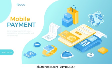 PayPass, NFC payments. Scanning QR code. Mobile contactless payment. POS terminal, phone and smart watch. Isometric vector illustration for website.