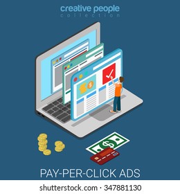 Pay-per-click Flat 3d Isometry Isometric Internet Business Advertisement Marketing Concept Web Vector Illustration. Micro Man On Big Laptop Clicking Web Page Promo Banner. Creative People Collection.