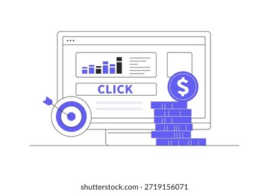 Pago por Hacer clic. Publicidad PPC contextual dirigida o publicidad de Anuncio en línea. Marketing digital contextual, segmentación conductual o retargeting. Ilustración vectorial plana de la historieta, icono Web elegante de la página de aterrizaje del diseño abstracto
