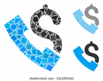 Payphone composition of unequal pieces in different sizes and color hues, based on payphone icon. Vector rugged pieces are combined into mosaic. Payphone icons collage with dotted pattern.