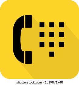 Payphone sign. Dial phone logo. Contact call pay street mobile. Flat 3D shadow design. yellow background black vector. product brand service label banner board display. App icon.