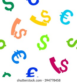 Payphone vector repeatable pattern with dollar and euro currency symbols. Style is flat colored icons on a white background.