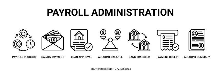 Payroll Administration web banner icon vetor illustration concept with icon of payroll process, pagamento de salário, aprovação de empréstimo, saldo de conta, transferência bancária, recebimento de pagamento, resumo de conta.