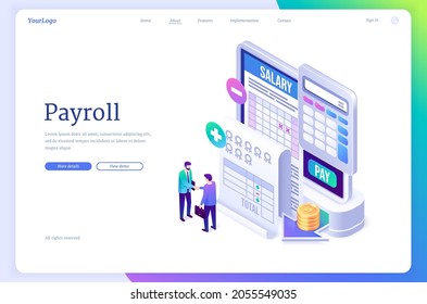 Payroll banner. Concept of salary payment to employee, paycheck, wages for work. Vector landing page with isometric illustration of people handshake, money, calculator, calendar and report