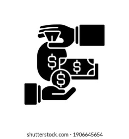 Payroll black glyph icon. Finances management, money exchange, cash flow silhouette symbol on white space. Banking services, deposit investment, profitable loan. Vector isolated illustration