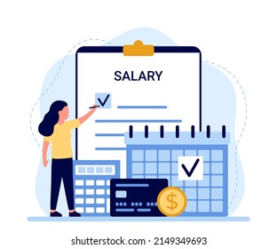 Nómina de sueldos, calendario con el pago del sueldo de la fecha, la mujer paga dinero. Contador de trabajo, cheque de pago, gastos. Librería. Ilustración del vector