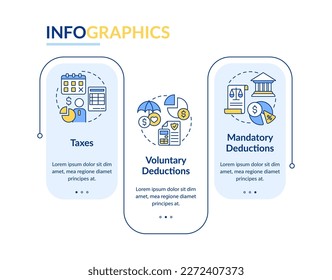 Plantilla infográfica rectangular de tipos de deducciones de nóminas. Retiren. Visualización de datos con 3 pasos. Gráfico de información de línea de tiempo editable. Diseño de flujo de trabajo con iconos de línea. Lato-Bold, fuentes regulares usadas