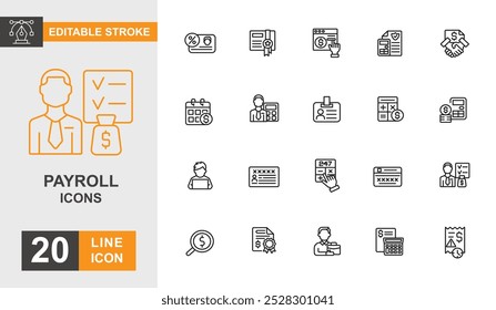 Payroll icon set. Employee, money, job, finance, currency and more line icon. Editable stroke icon.