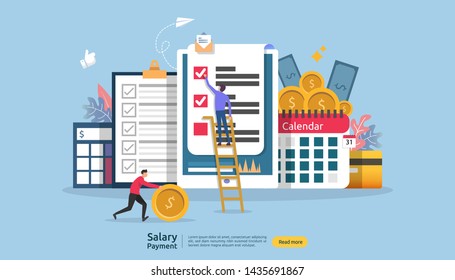 Payroll income concept. salary payment annual bonus. payout with paper, calculator, and people character. web landing page template, banner, presentation, social, and print media. Vector illustration