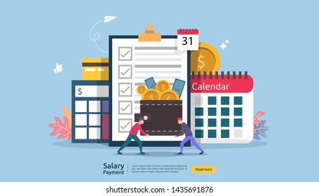 Payroll income concept. salary payment annual bonus. payout with paper, calculator, and people character. web landing page template, banner, presentation, social, and print media. Vector illustration