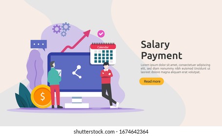 Payroll income concept. salary payment annual bonus. payout with paper, calculator, and people character. web landing page template, banner, presentation, social, and print media. Vector illustration