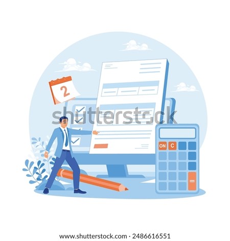 Payroll invoice paper on computer. Businessman calculates salary received. Payroll concept. Flat vector illustration.