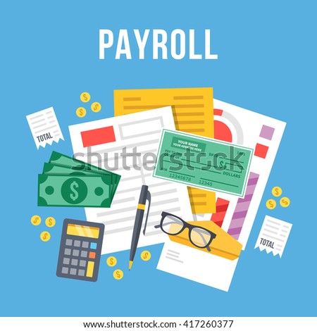 Payroll, invoice sheet flat illustration. Payroll template, calculate salary, budget concepts. Top view. Modern flat design for web banners, web sites, infographics. Creative vector illustration