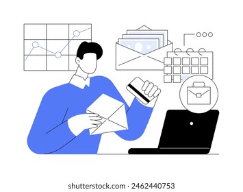 Nómina Ilustraciones vectoriales de dibujos animados aislados. Hombre con tarjeta de nómina en las manos, transacción financiera, servicio de presupuesto, calcular impuestos, gestión de dinero, obtener una caricatura de Vector de ganancias.