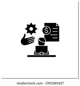 Payroll management glyph icon.Staff administration, managementing financial reports, salaries and bonuses.Employee works on laptop.Filled flat sign. Isolated silhouette vector illustration