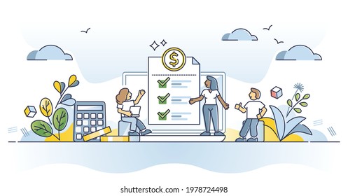 Payroll money statement and work salary payment balance outline concept. Financial wage calculation or job checkout analysis vector illustration. Annual tax billing receipt and budget planning process