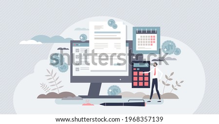 Payroll money statement and work salary payment balance tiny person concept. Financial wage calculation and job checkout analysis vector illustration. Annual tax receipt and budget planning process.