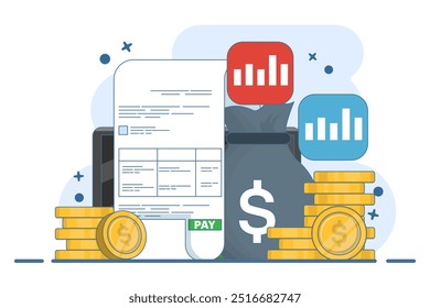 Payroll online payment concept, Invoice sheet, Calculate salary, Budget concept, Salary, Wage payment. Payment and invoice, Business or financial operation sign. Flat vector illustration.