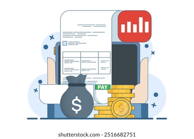 Payroll online payment concept, Invoice sheet, Calculate salary, Budget concept, Salary, Wage payment. Payment and invoice, Business or financial operation sign. Flat vector illustration.