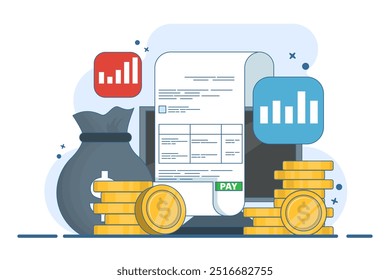 Payroll online payment concept, Invoice sheet, Calculate salary, Budget concept, Salary, Wage payment. Payment and invoice, Business or financial operation sign. Flat vector illustration.