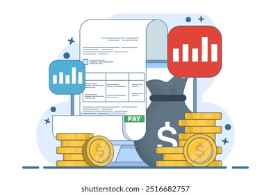 Payroll online payment concept, Invoice sheet, Calculate salary, Budget concept, Salary, Wage payment. Payment and invoice, Business or financial operation sign. Flat vector illustration.