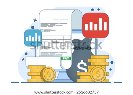 Payroll online payment concept, Invoice sheet, Calculate salary, Budget concept, Salary, Wage payment. Payment and invoice, Business or financial operation sign. Flat vector illustration.