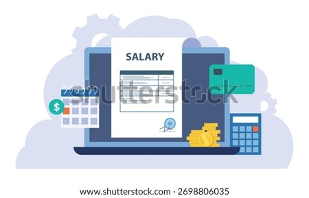 Payroll payment concept with laptop and invoice wage. Payroll money statement and work salary payment balance concept