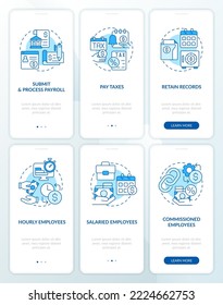 Payroll processing blue onboarding mobile app screen set. Walkthrough 3 steps editable graphic instructions with linear concepts. UI, UX, GUI template. Myriad Pro-Bold, Regular fonts used